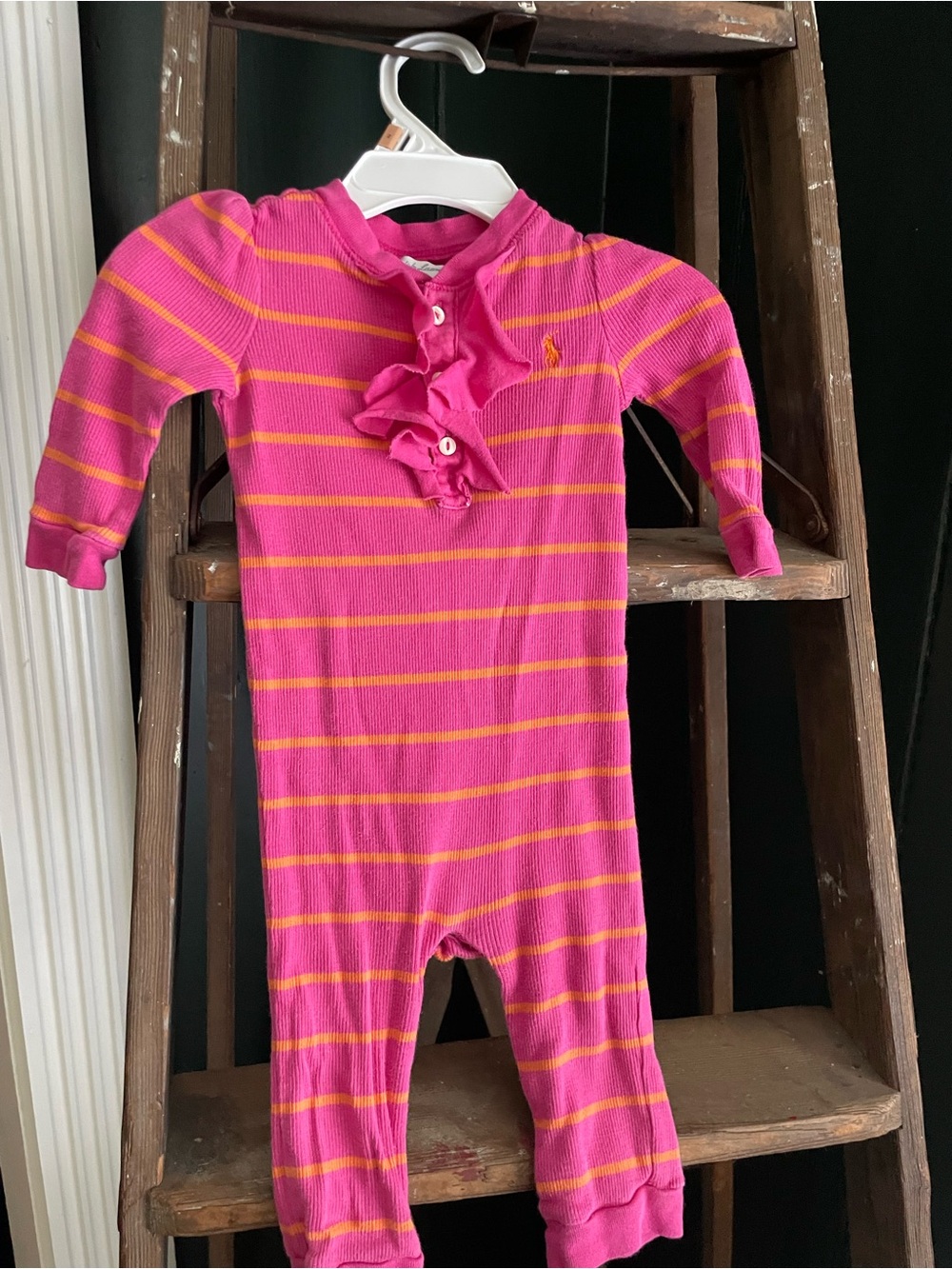Ralph Lauren Pink and Yellow Striped Ruffle One-Piece Footie